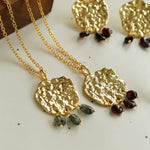 Molten Textured Metal Garnet Moss Agate Pendant Necklace gembea jewelry