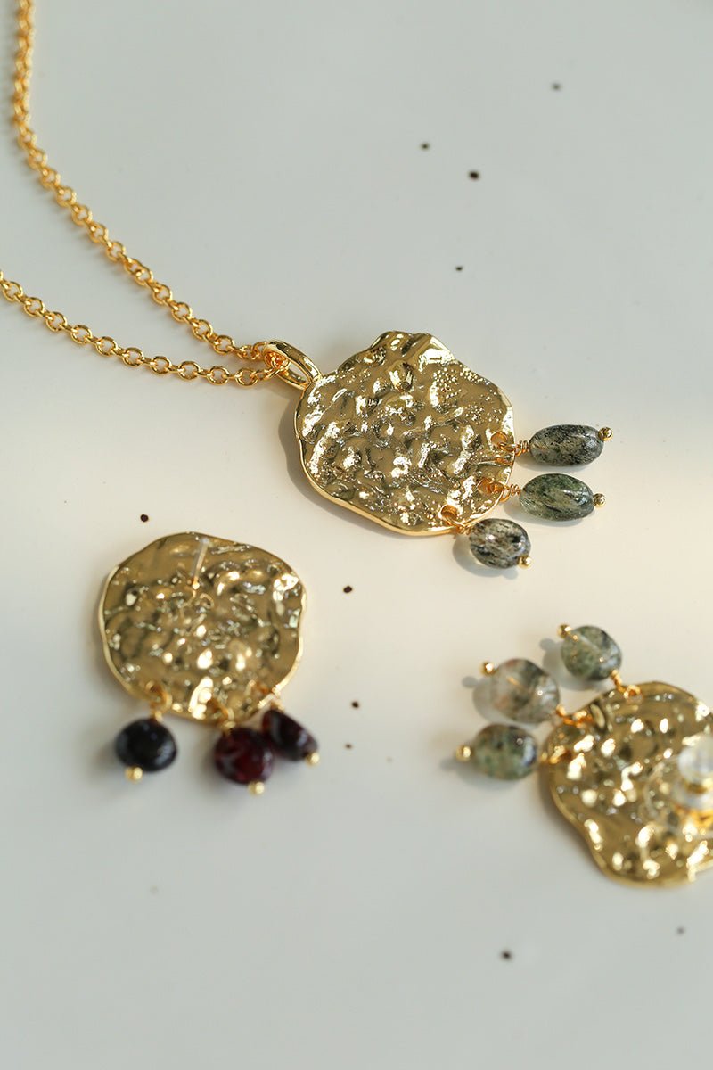 Molten Textured Metal Garnet Moss Agate Pendant Necklace gembea jewelry