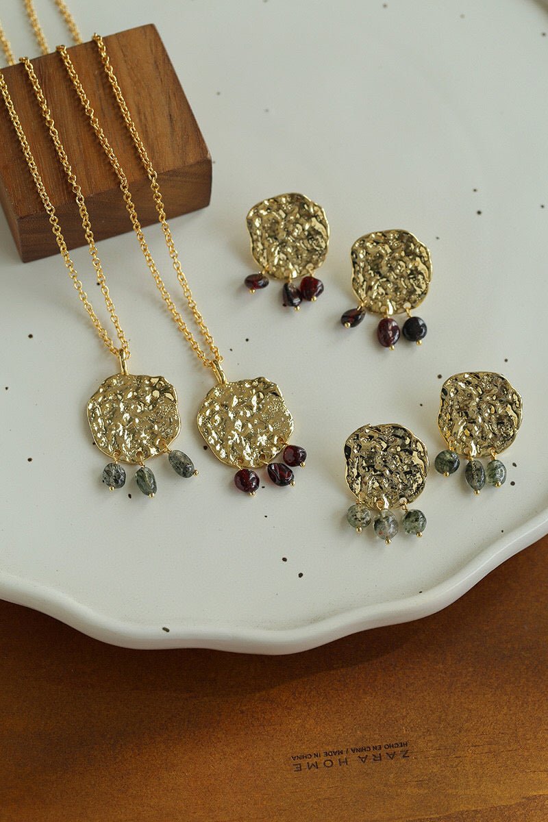 Molten Textured Metal Garnet Moss Agate Pendant Necklace gembea jewelry