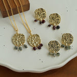 Molten Textured Metal Garnet Moss Agate Pendant Necklace gembea jewelry