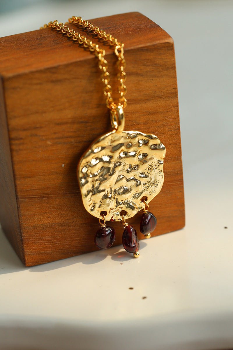 Molten Textured Metal Garnet Moss Agate Pendant Necklace gembea jewelry