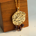Molten Textured Metal Garnet Moss Agate Pendant Necklace gembea jewelry