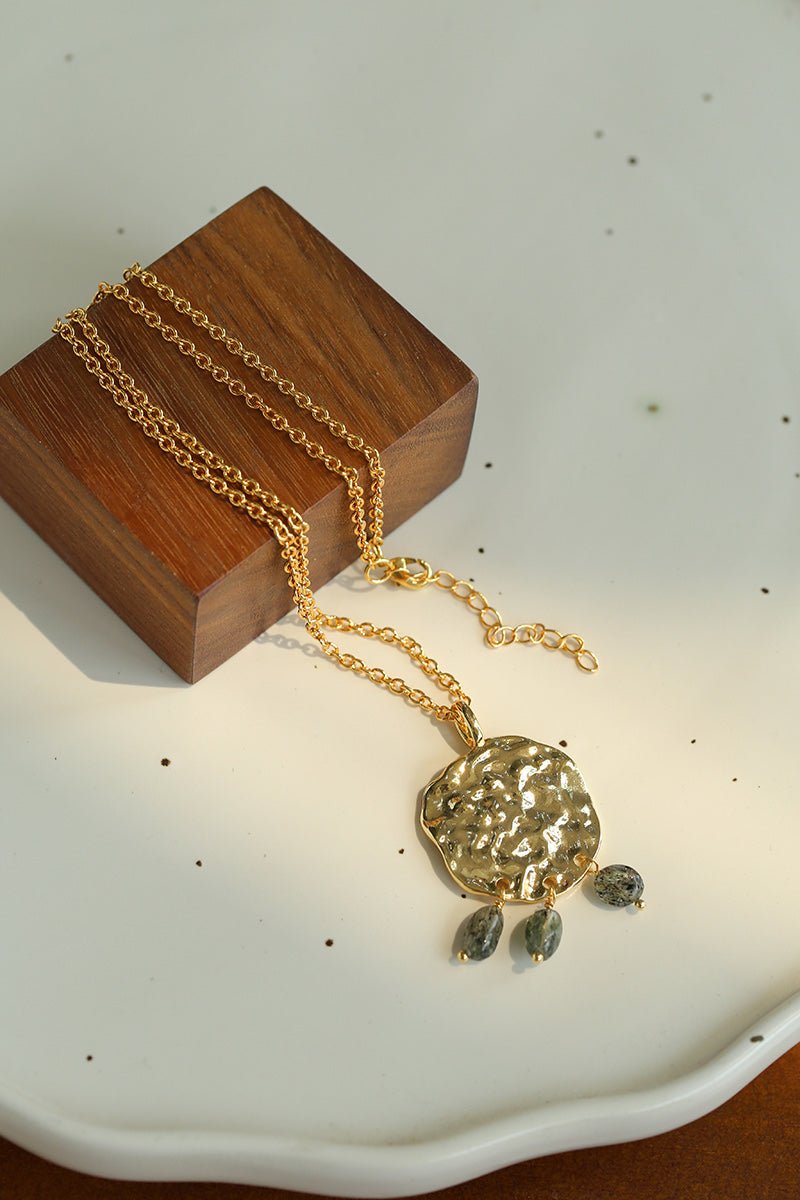 Molten Textured Metal Garnet Moss Agate Pendant Necklace gembea jewelry