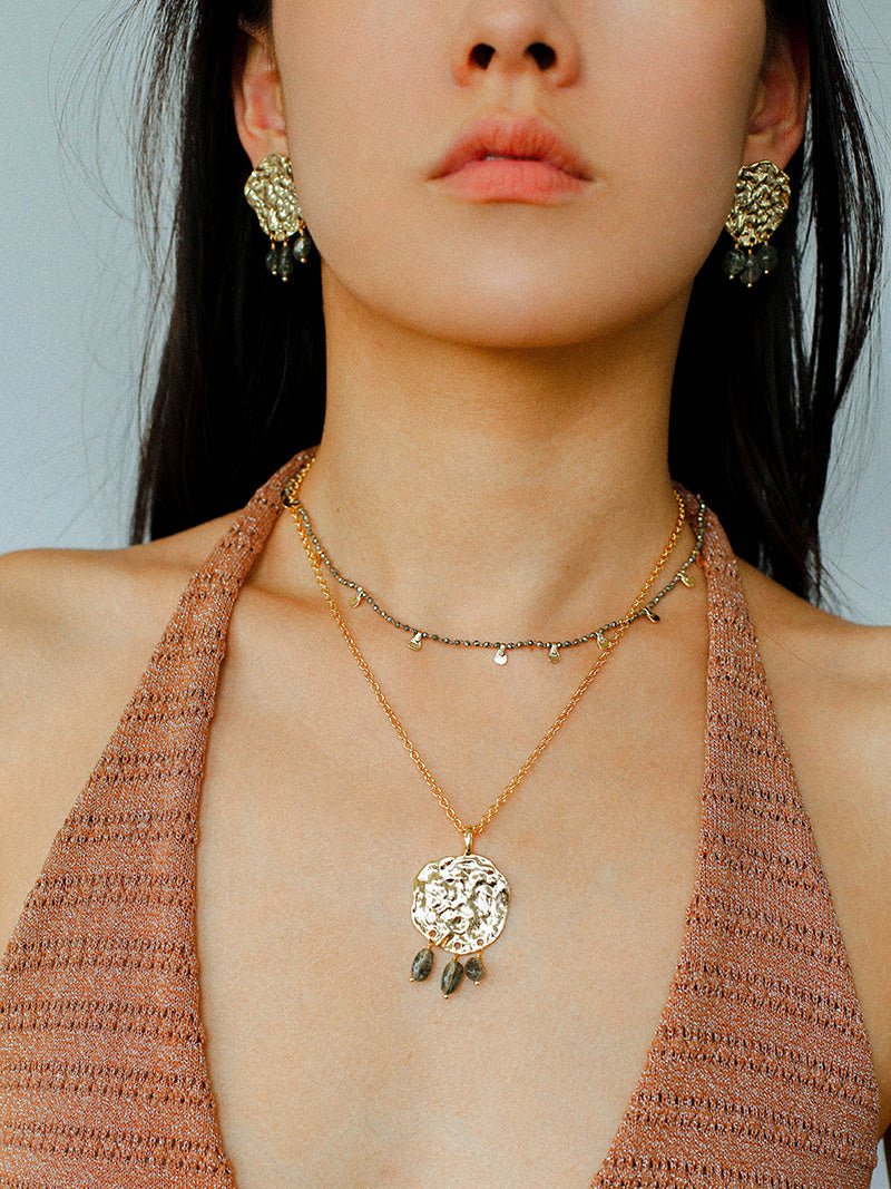 Molten Textured Metal Garnet Moss Agate Pendant Necklace gembea jewelry