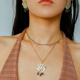 Molten Textured Metal Garnet Moss Agate Pendant Necklace gembea jewelry
