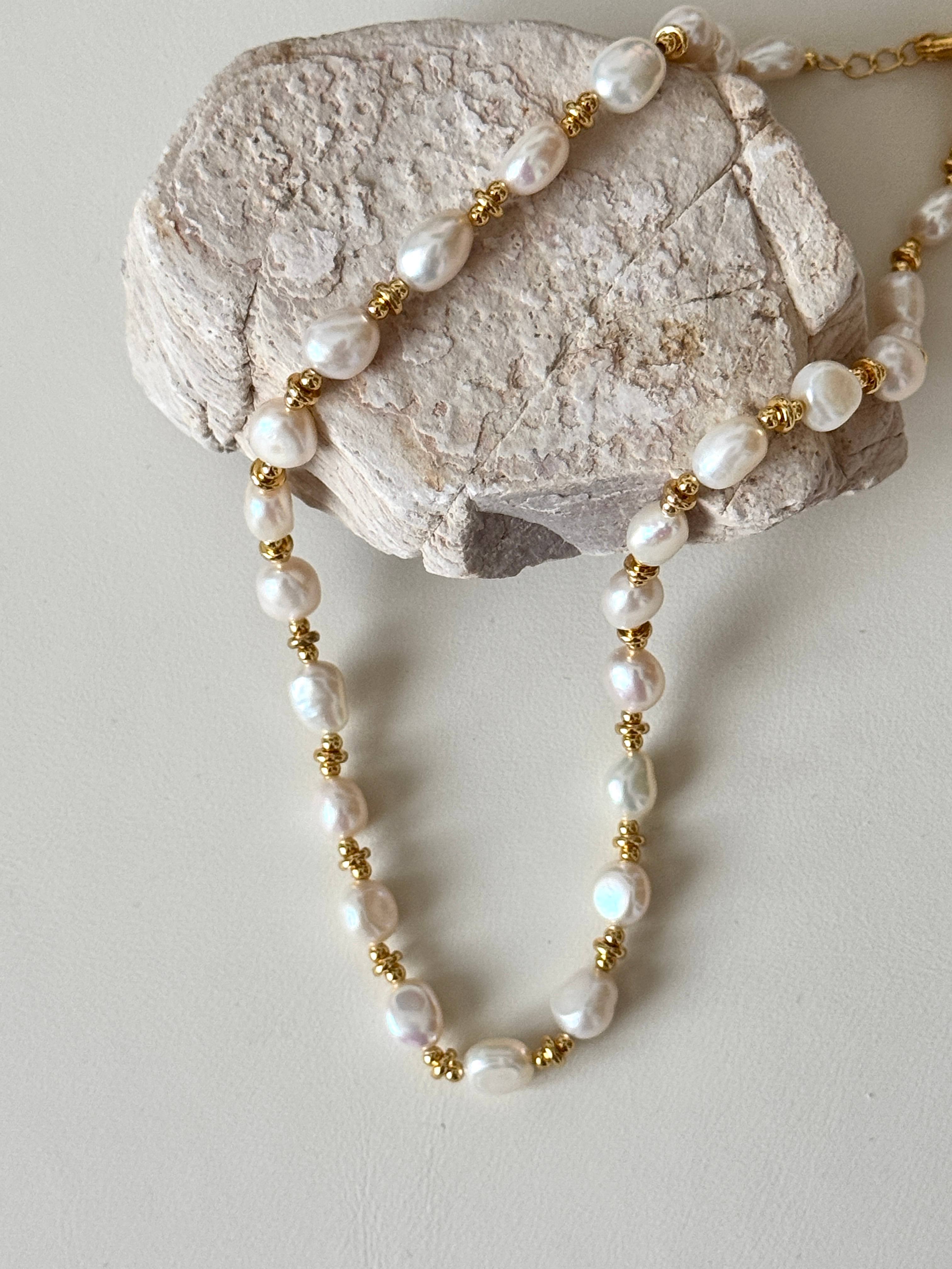 Gold Bean Baroque Pearl Beaded Necklace-gembea jewelry