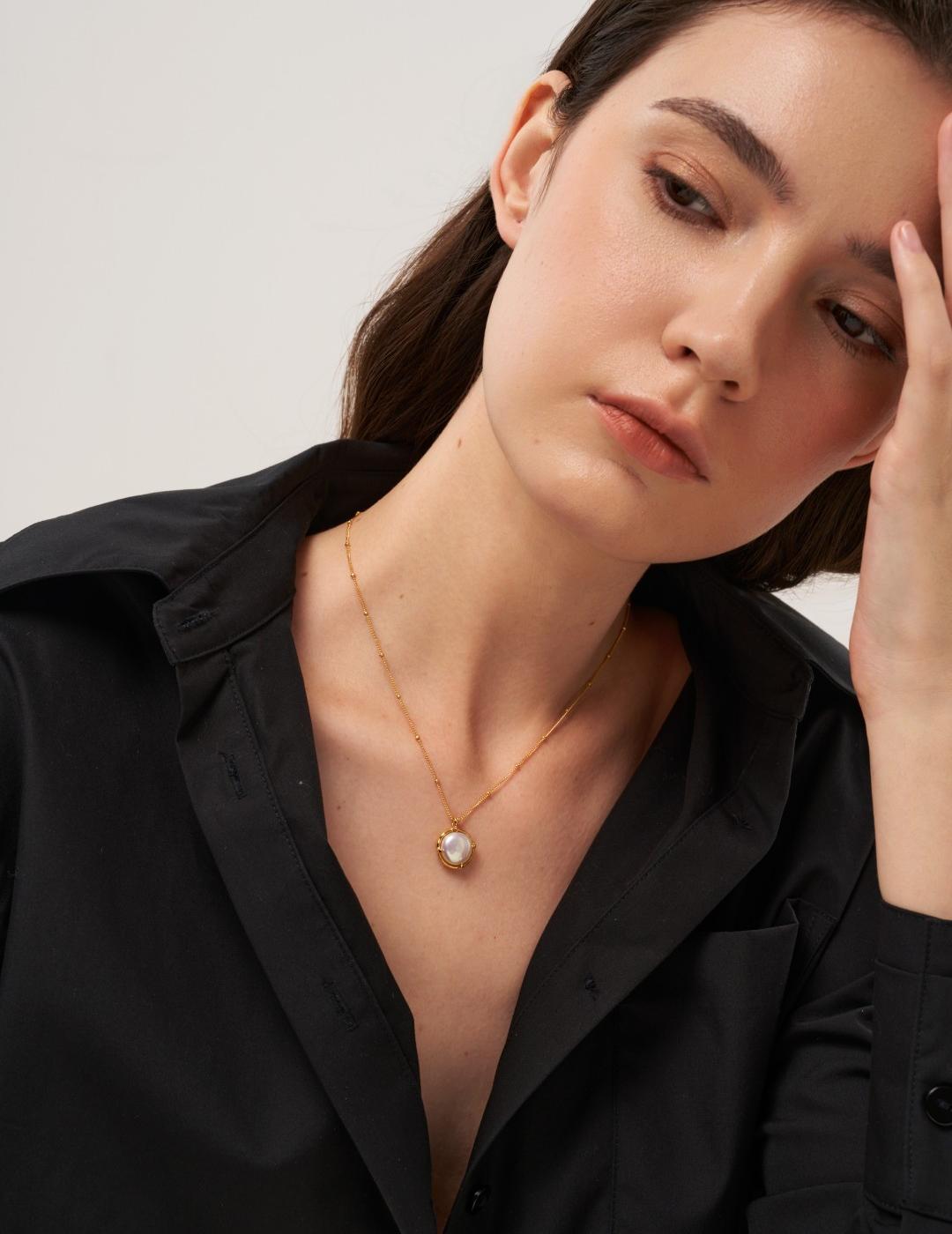 Round Baroque Pearl Pendant Chain Necklace gembea jewelry