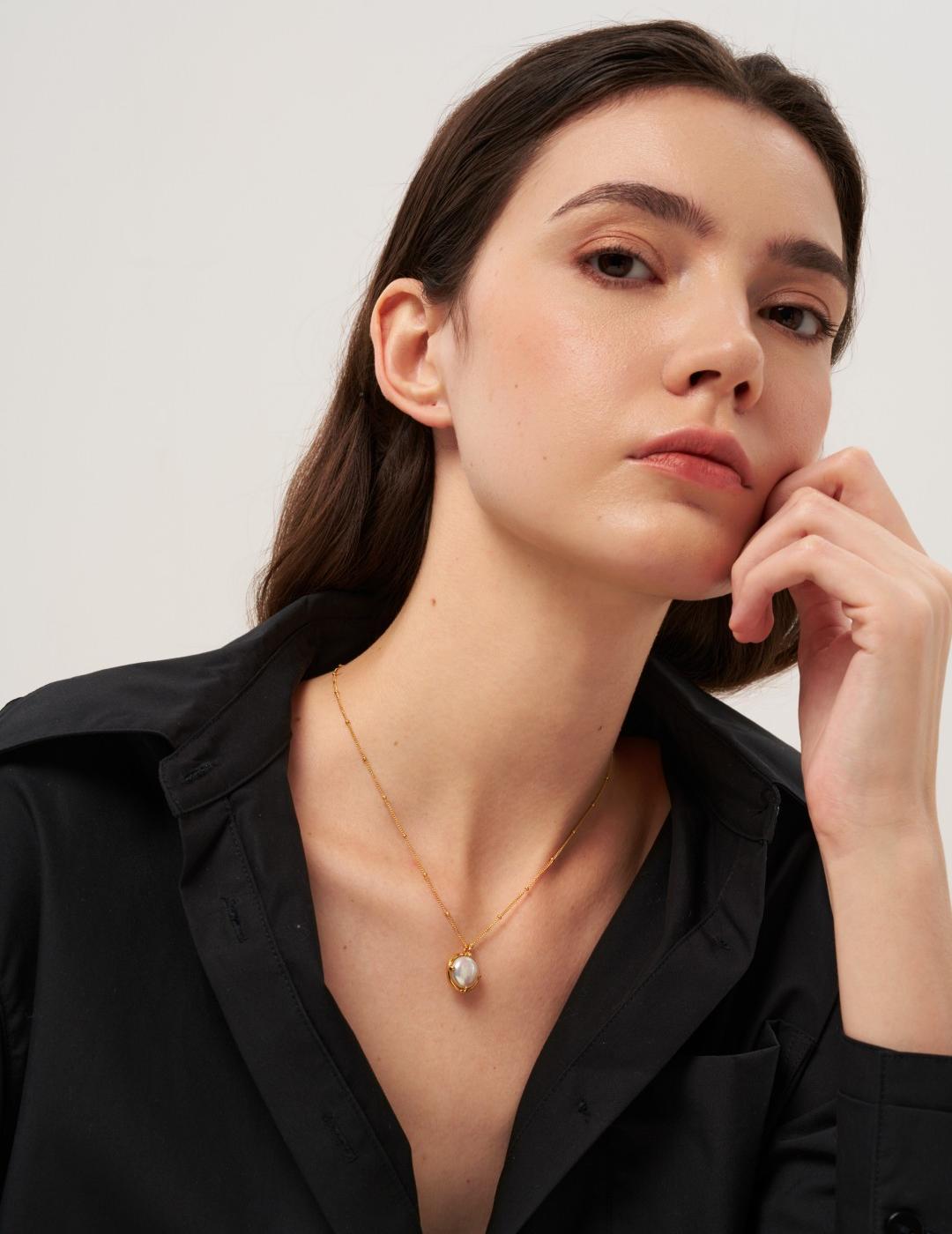 Round Baroque Pearl Pendant Chain Necklace gembea jewelry