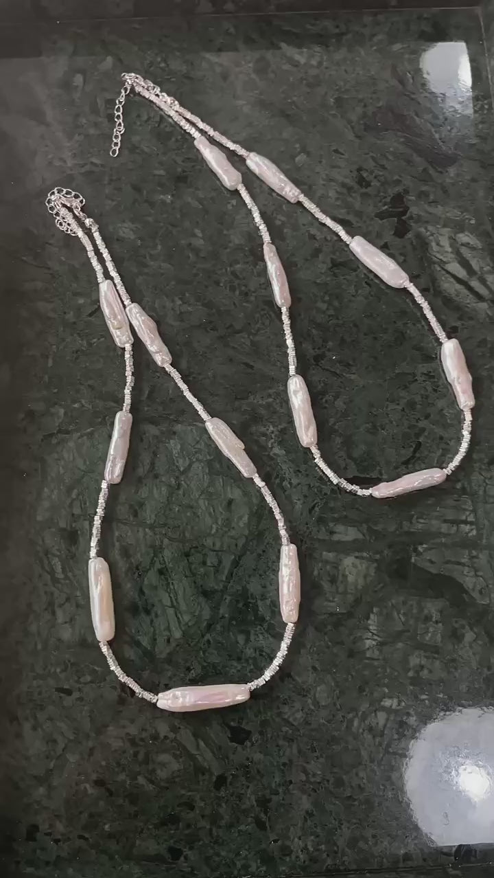 Silver Baroque Toothpick Pearl Necklace-Gembea Jewelry