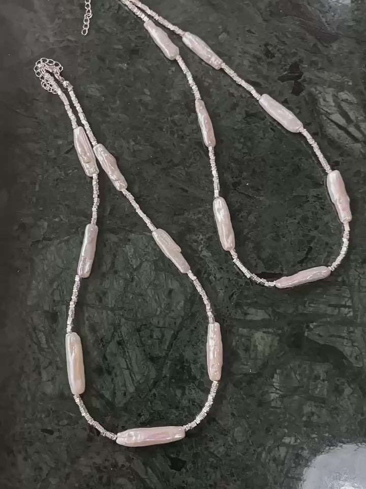 Silver Baroque Toothpick Pearl Necklace-Gembea Jewelry