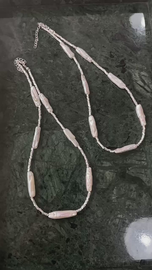Silver Baroque Toothpick Pearl Necklace-Gembea Jewelry