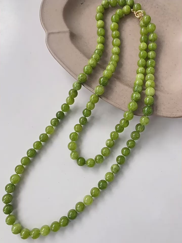 Green Grape Stone Beaded Long Necklace 8mm-Gembea Jewelry