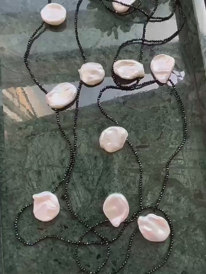 Large Petal Baroque Pearl Black Spinel Necklace-Gembea Jewelry