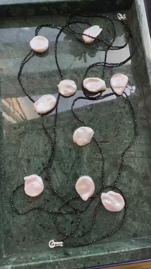 Large Petal Baroque Pearl Black Spinel Necklace-Gembea Jewelry