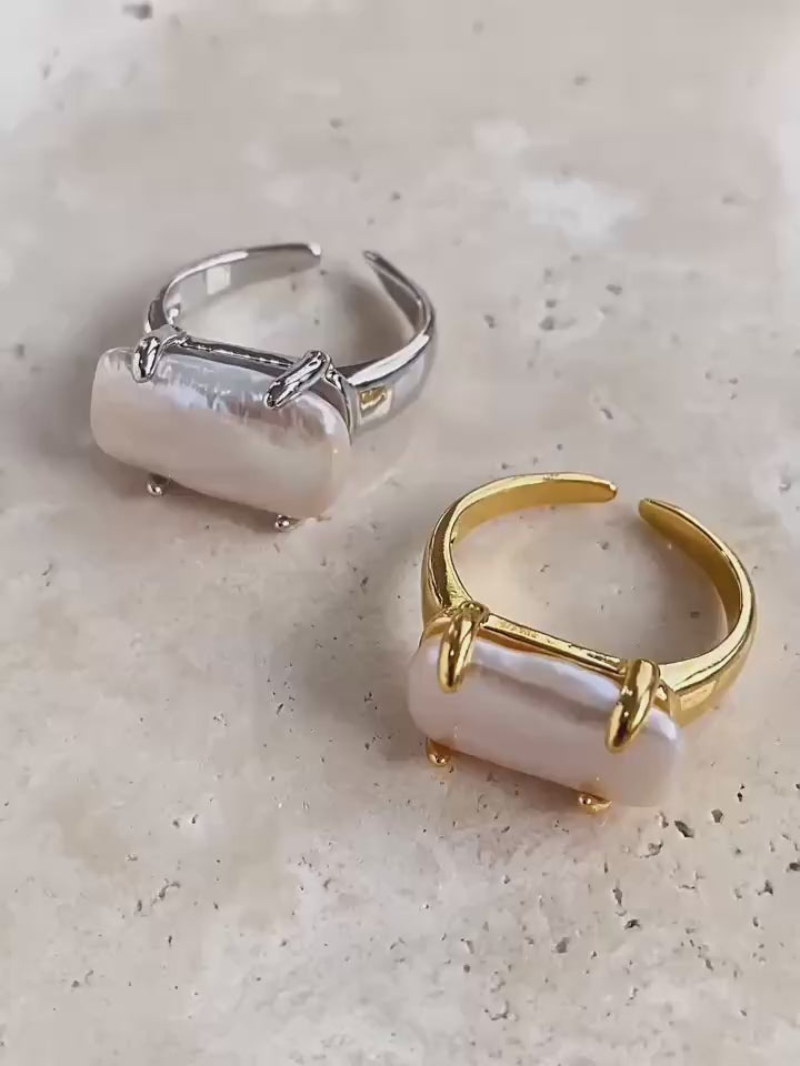 Rectangular Baroque Pearl Open Ring-Gembea Jewelry