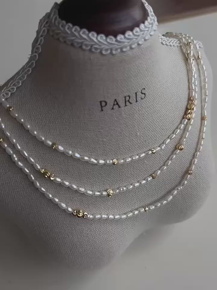 Three Layers Rice Pearl Beaded Necklace gembea jewelry
