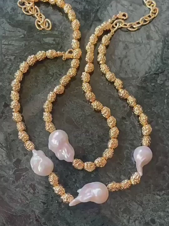 Vintage Metal Bean Baroque Pearl Necklace-Gembea Jewelry