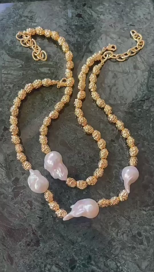 Vintage Metal Bean Baroque Pearl Necklace-Gembea Jewelry