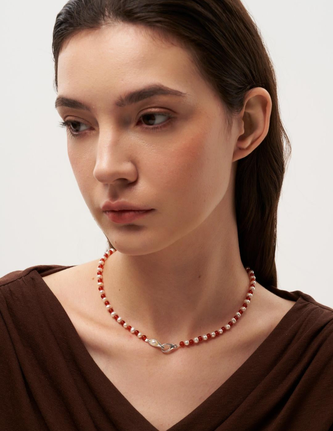 Bean Pod Red Agate Pearl Beaded Necklace gembea jewelry