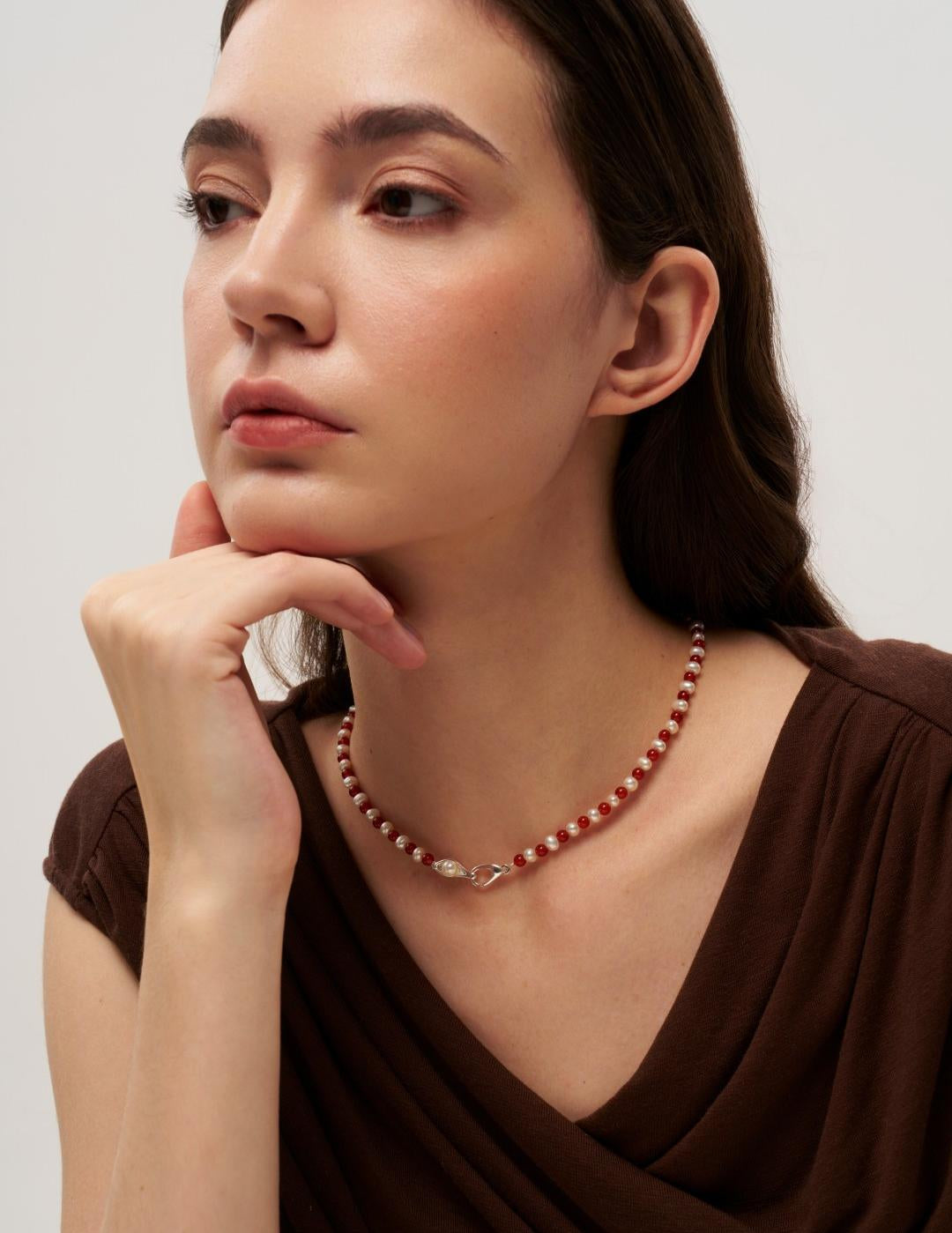 Bean Pod Red Agate Pearl Beaded Necklace gembea jewelry