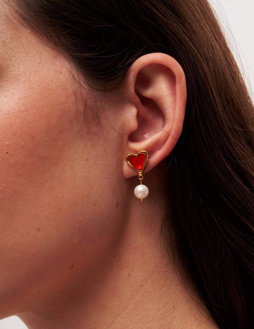 Vintage Heart-shaped Enamel Pearl Earrings gembea jewelry