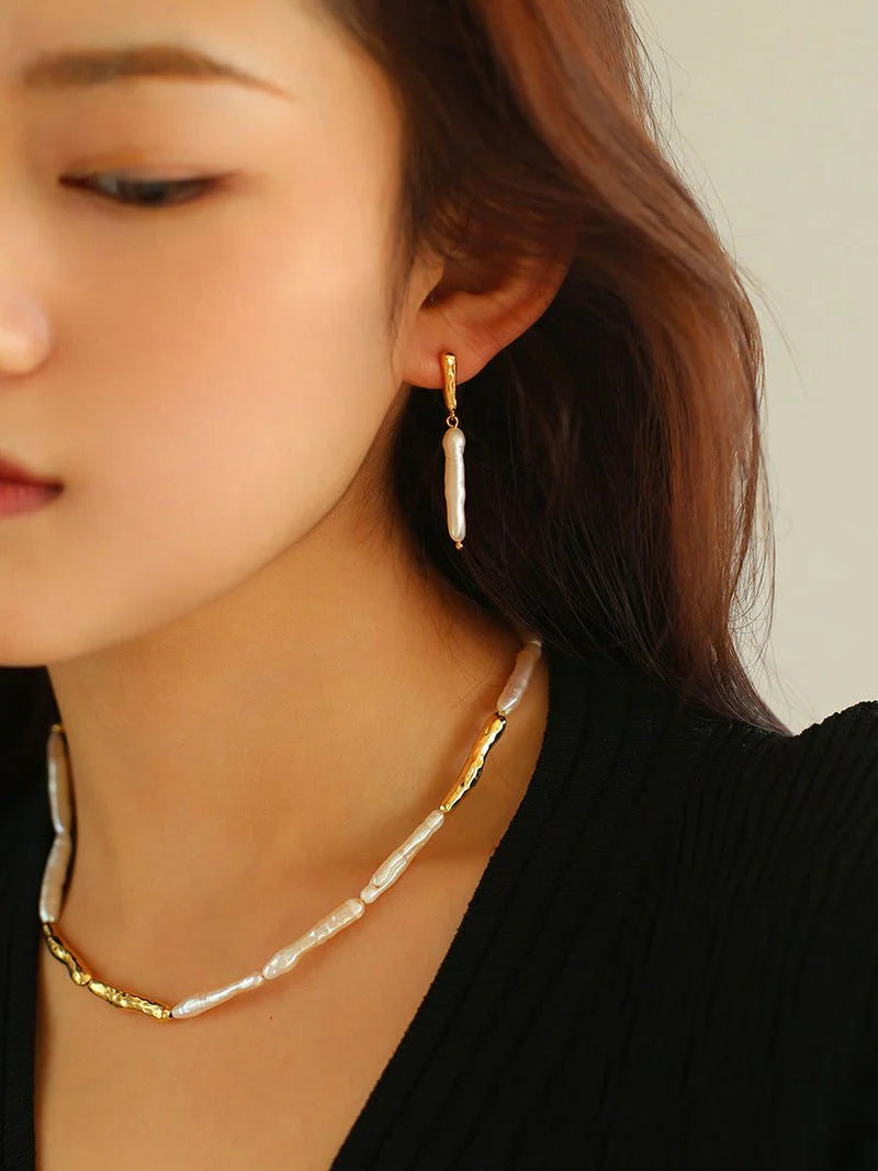 Simple Long Baroque Toothpick Pearl Earrings-Gembea Jewelry