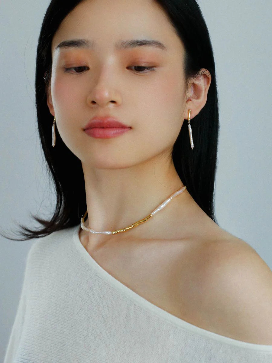 Simple Long Baroque Toothpick Pearl Earrings-Gembea Jewelry