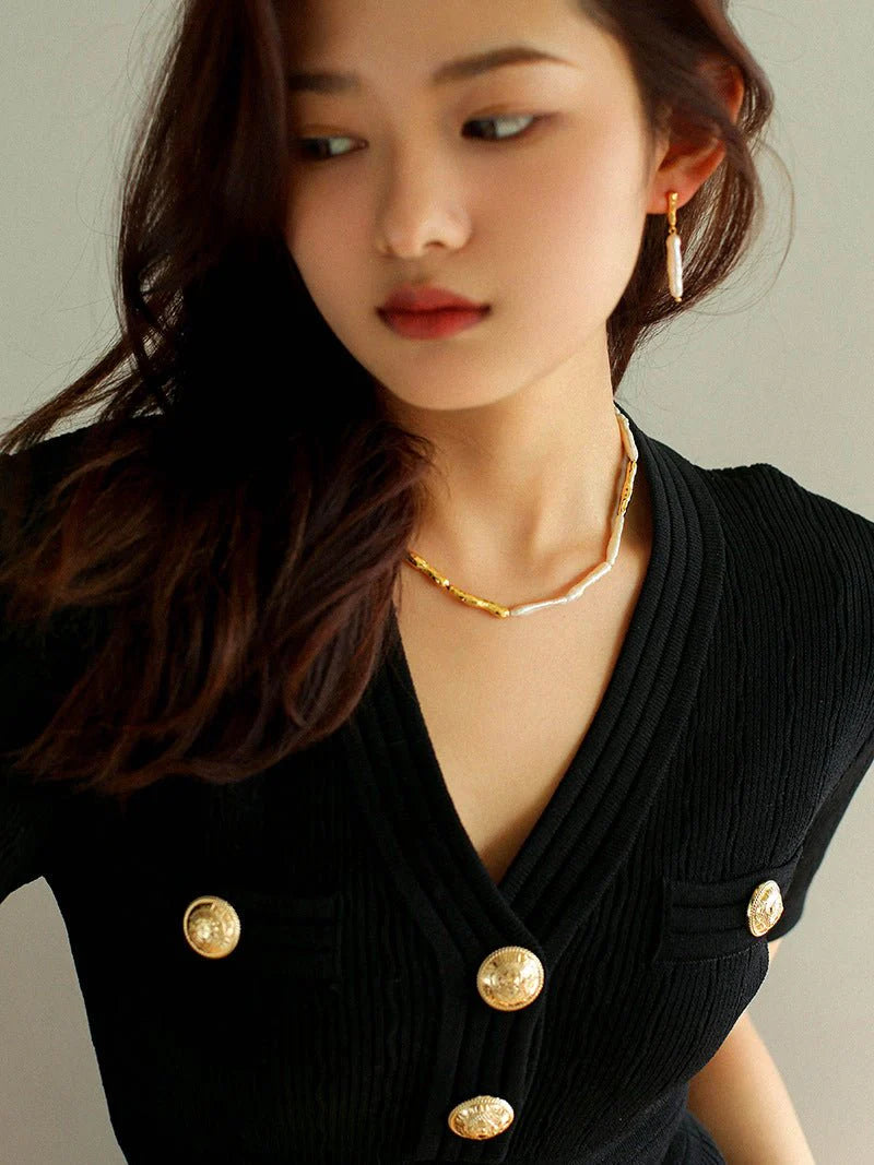 Simple Long Baroque Toothpick Pearl Necklace-Gembea Jewelry