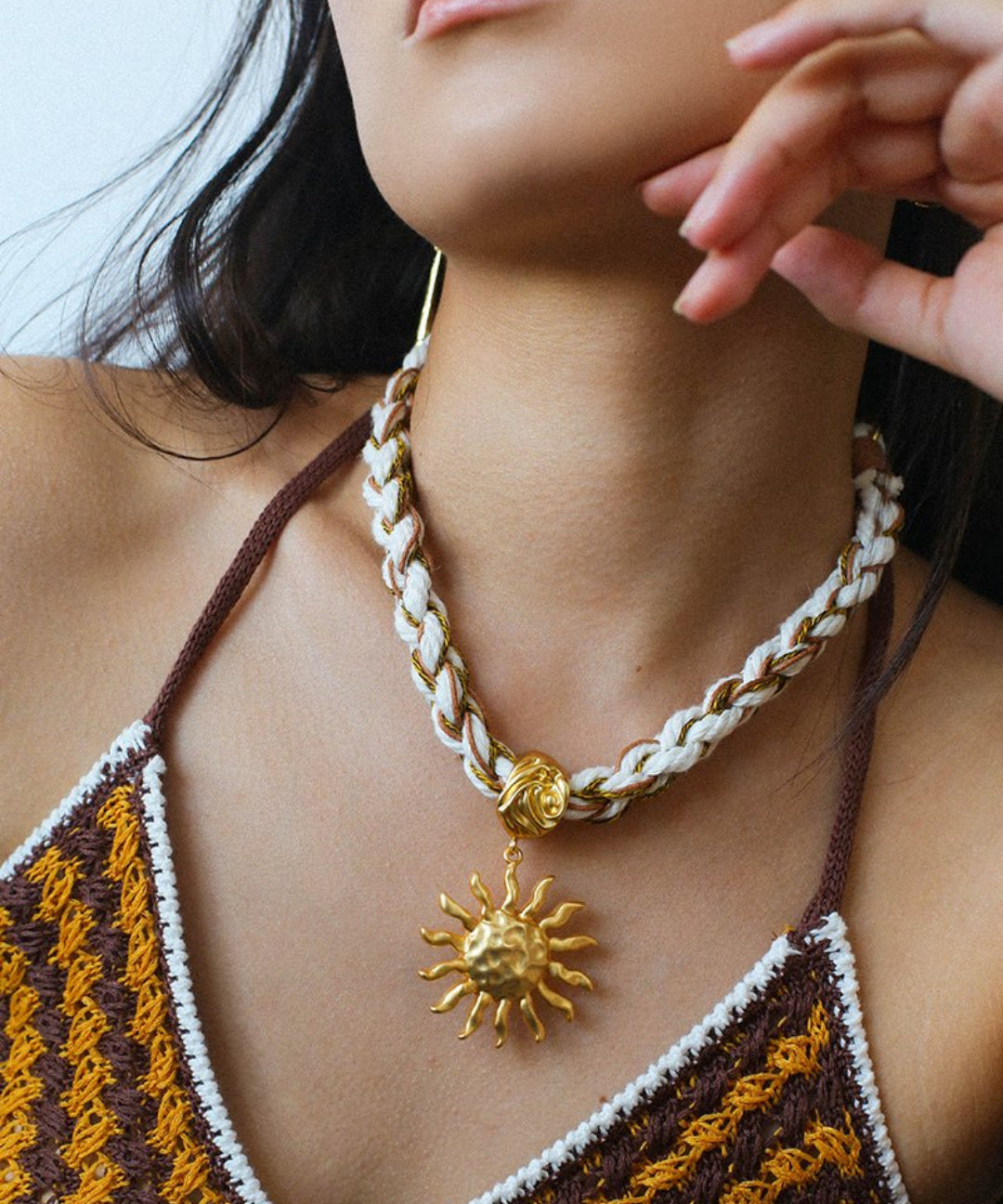 Woven Cord Hammered Gold Sun Pendant Necklace-Gembea Jewelry