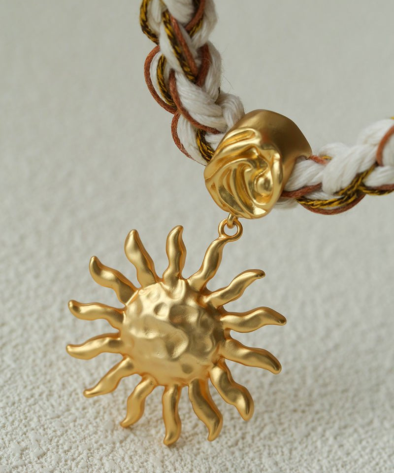 Woven Cord Hammered Gold Sun Pendant Necklace-Gembea Jewelry