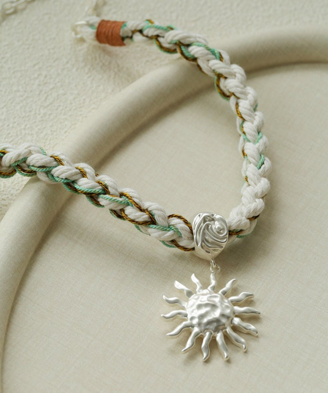 Woven Cord Hammered Silver Sun Pendant Necklace-Gembea Jewelry