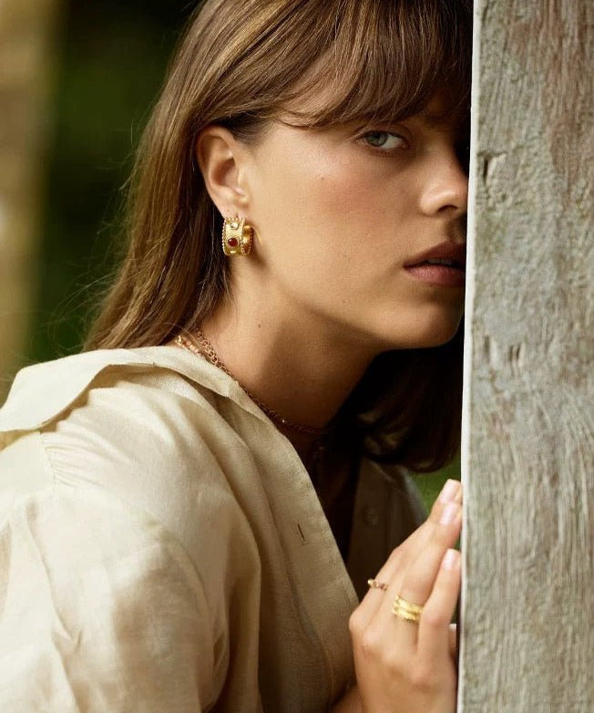 Tribal Totem Gemstone Gold Silver Hoop Earrings gembea jewelry