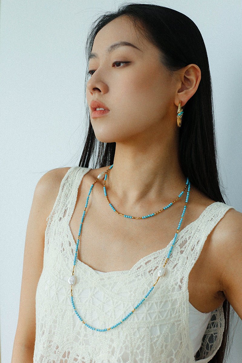 Turquoise Gold Bead Spacer Beaded Necklace gembea jewelry