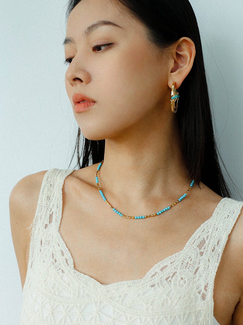 Turquoise Gold Bead Spacer Beaded Necklace gembea jewelry