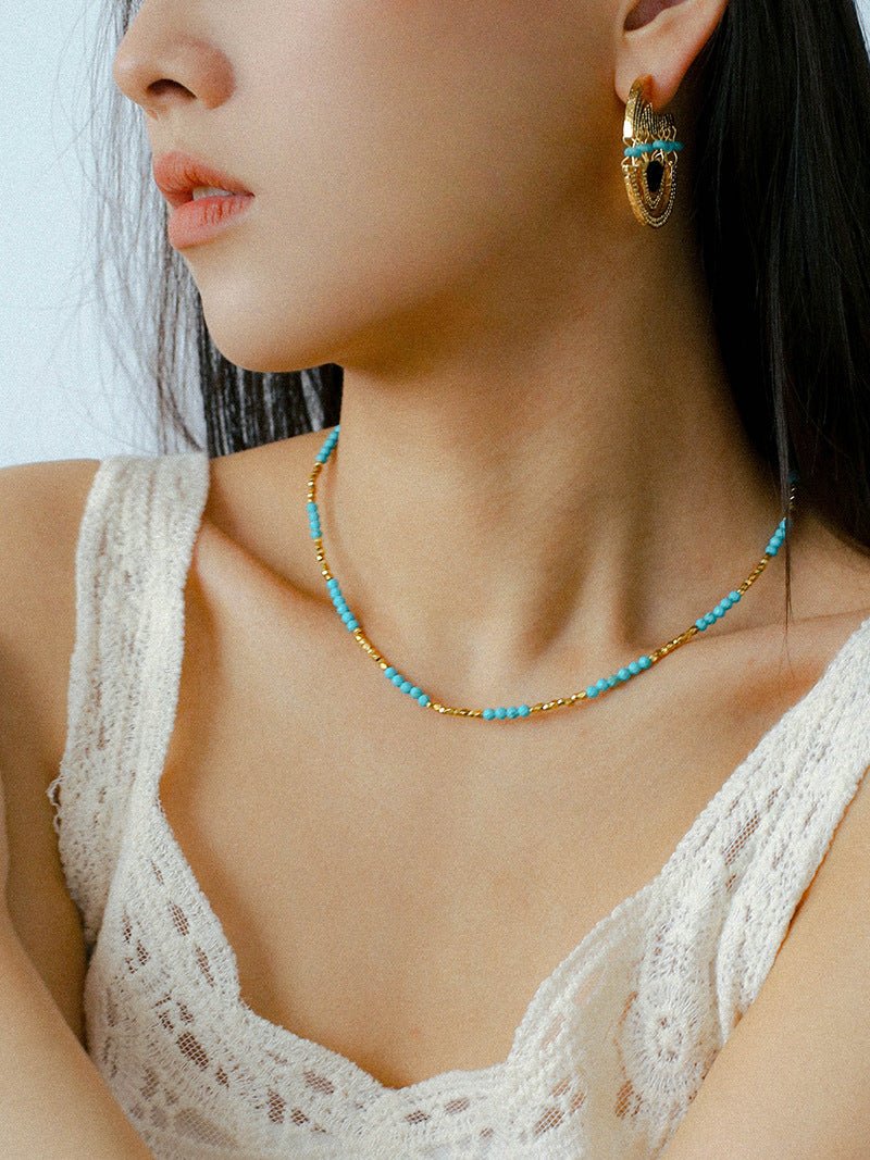 Turquoise Gold Bead Spacer Beaded Necklace gembea jewelry