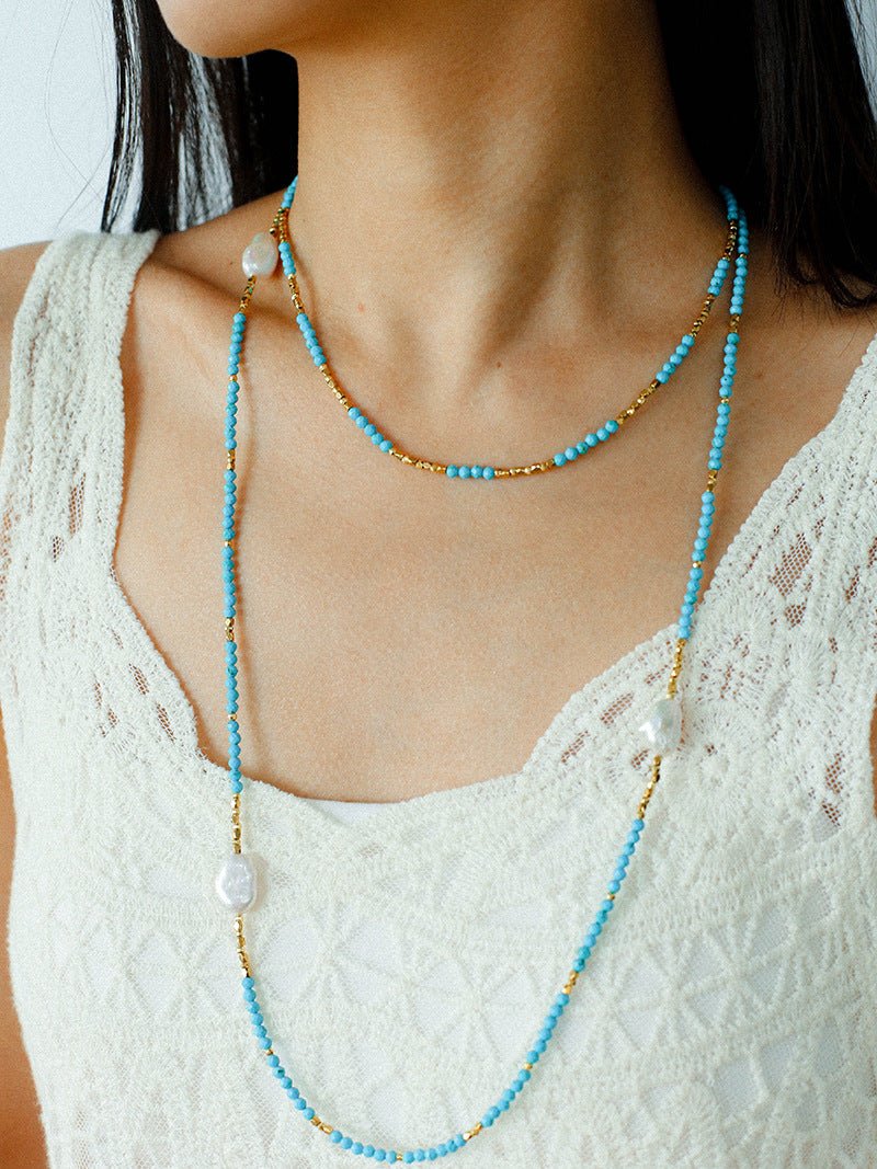 Turquoise Gold Bead Spacer Beaded Necklace gembea jewelry