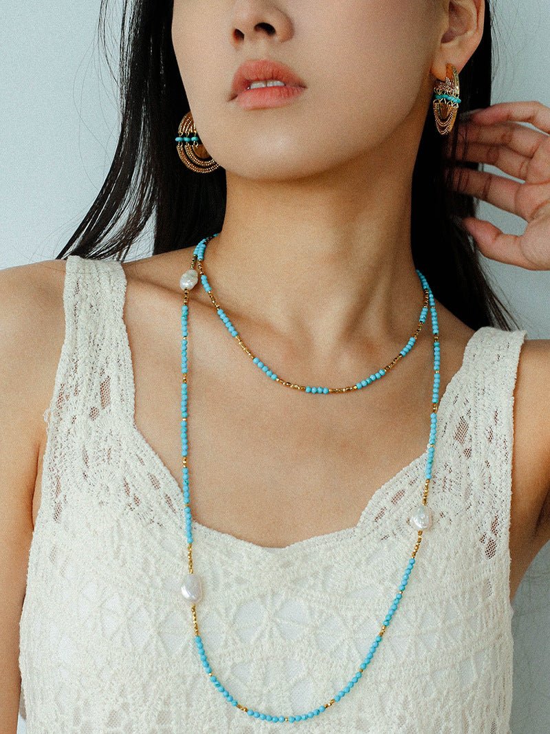 Turquoise Gold Bead Spacer Beaded Necklace gembea jewelry
