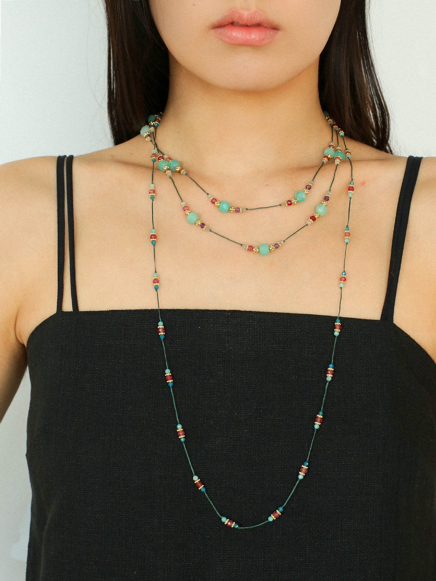 Green Strawberry Quartz Beaded Wax Cord Necklace-Gembea Jewelry