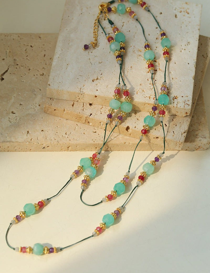 Green Strawberry Quartz Beaded Wax Cord Necklace-Gembea Jewelry