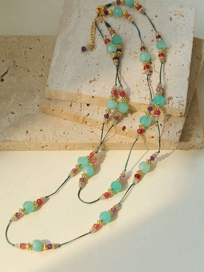 Green Strawberry Quartz Beaded Wax Cord Necklace-Gembea Jewelry