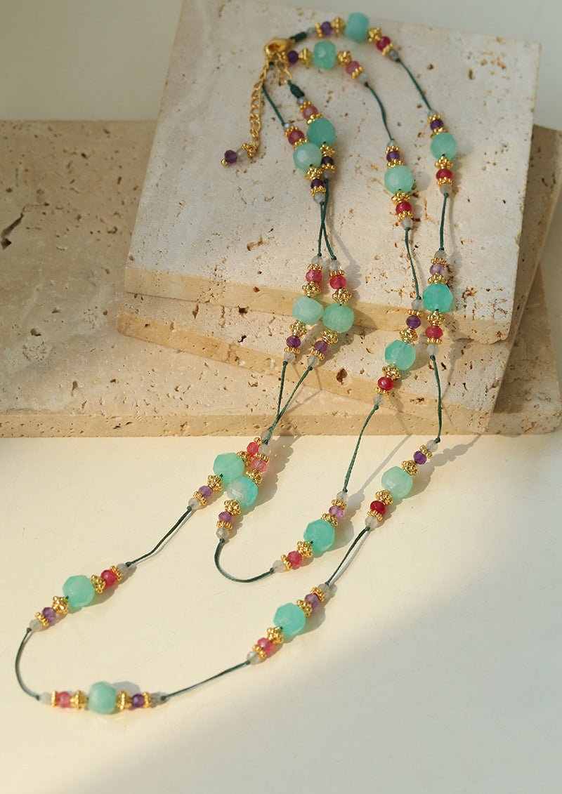 Green Strawberry Quartz Beaded Wax Cord Necklace-Gembea Jewelry