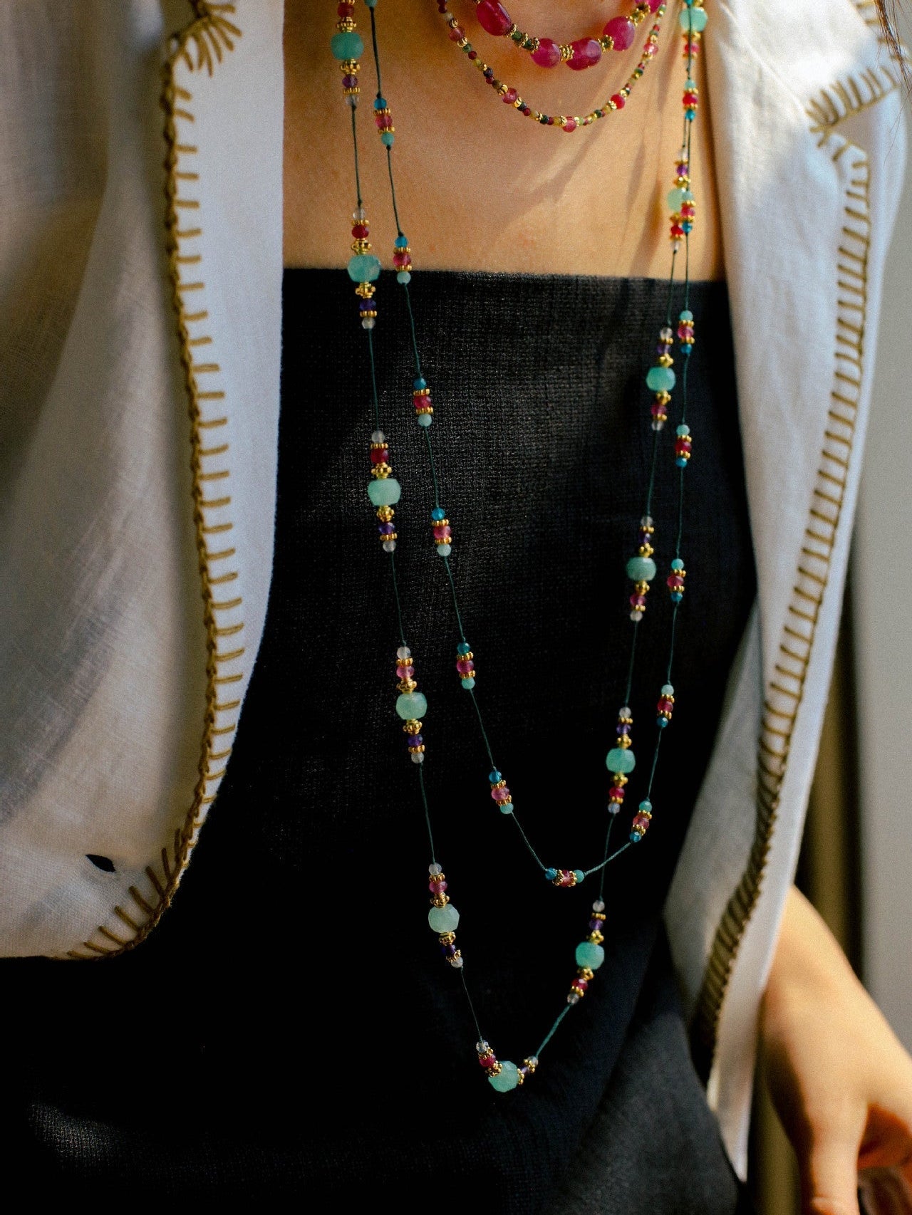 Green Strawberry Quartz Beaded Wax Cord Necklace-Gembea Jewelry