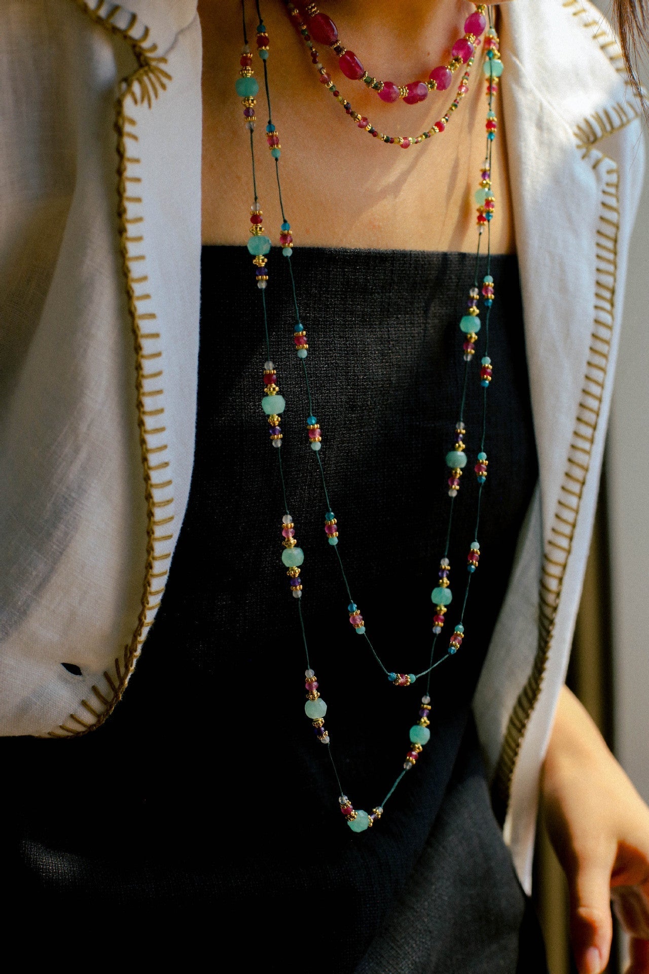 Long Tourmaline Wax Cord Necklace-Gembea Jewelry