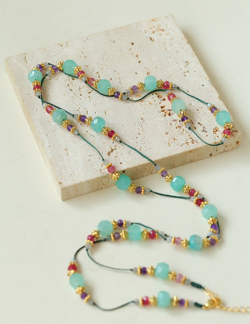 Green Strawberry Quartz Beaded Wax Cord Necklace-Gembea Jewelry