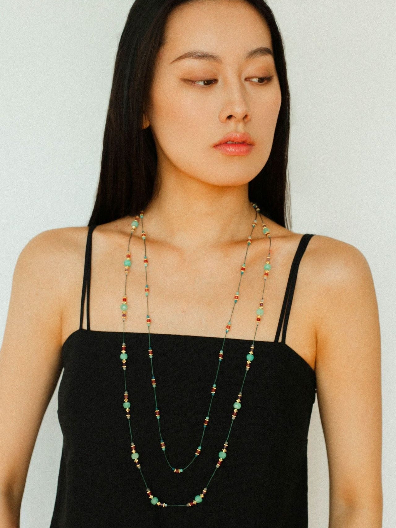 Green Strawberry Quartz Beaded Wax Cord Necklace-Gembea Jewelry