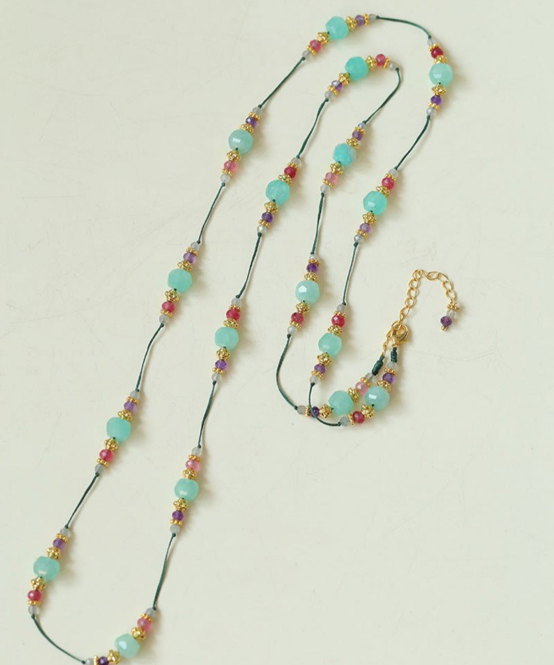 Green Strawberry Quartz Beaded Wax Cord Necklace-Gembea Jewelry