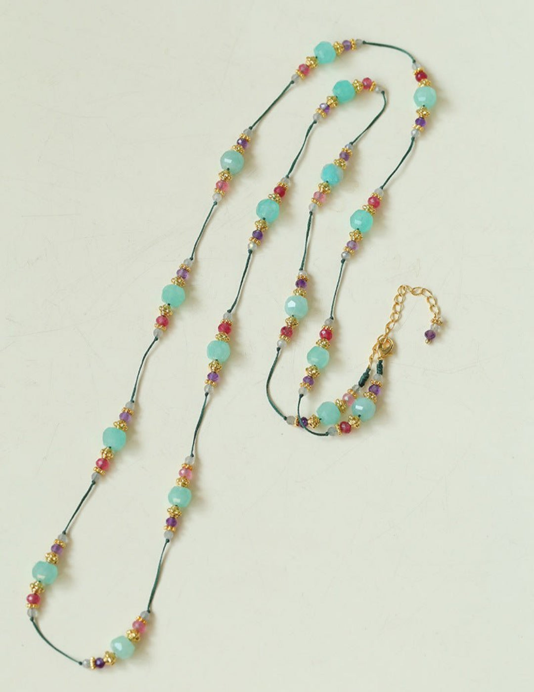 Green Strawberry Quartz Beaded Wax Cord Necklace-Gembea Jewelry