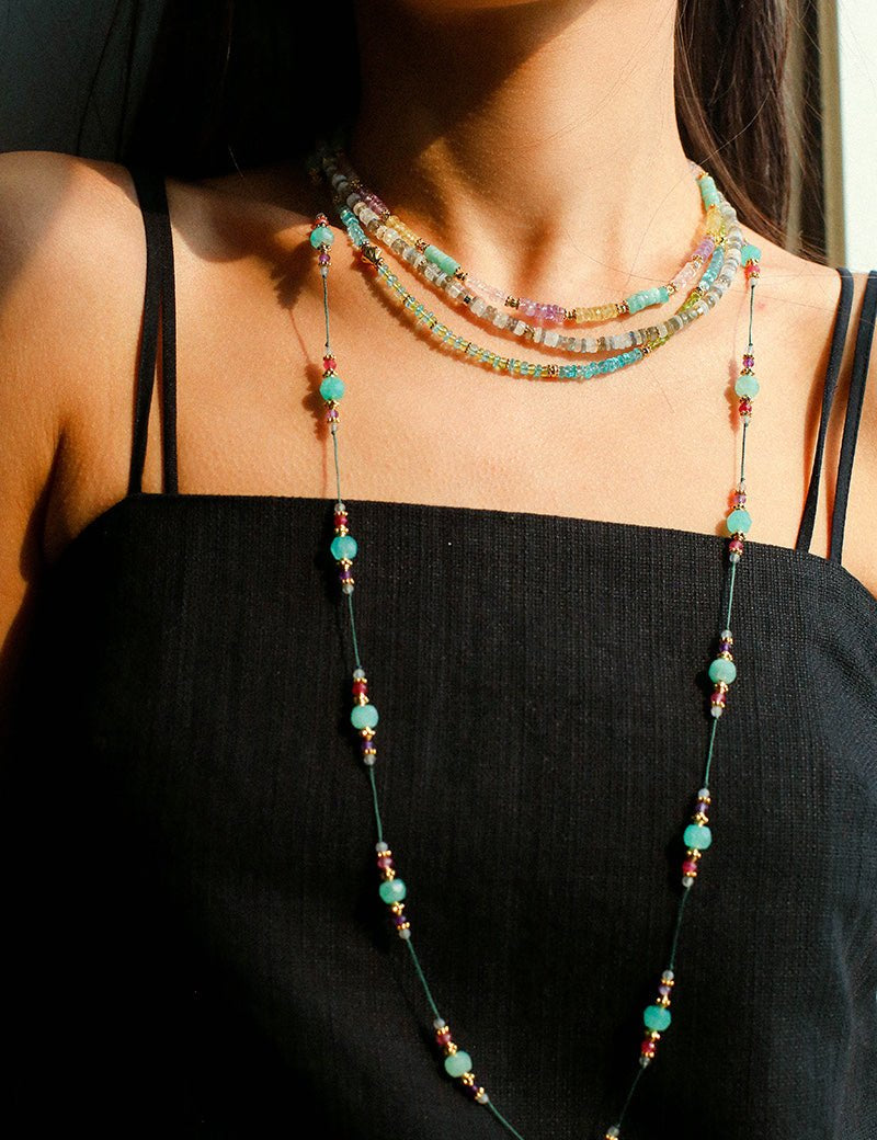 Green Strawberry Quartz Beaded Wax Cord Necklace-Gembea Jewelry