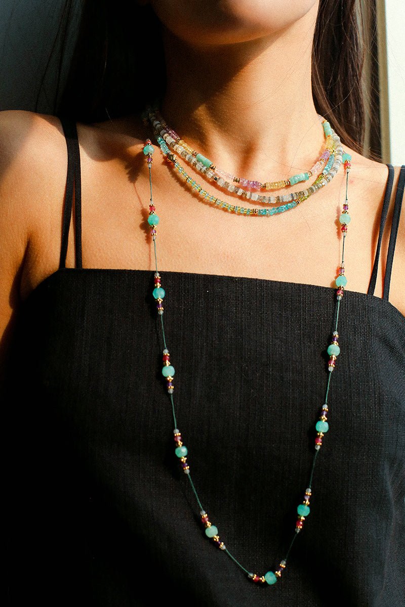 Green Strawberry Quartz Beaded Wax Cord Necklace-Gembea Jewelry