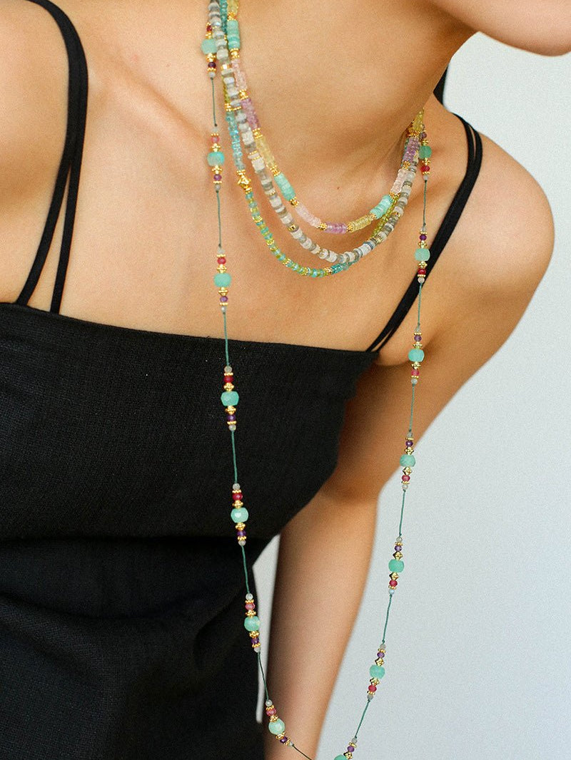 Green Strawberry Quartz Beaded Wax Cord Necklace-Gembea Jewelry